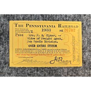 1933 Pennsylvania Railroad System Pass #HE26702 Paper Signed